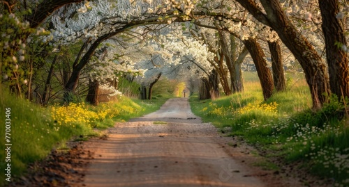 Rural path leading through a tunnel of blooming trees, inviting walks under a canopy of flowers.