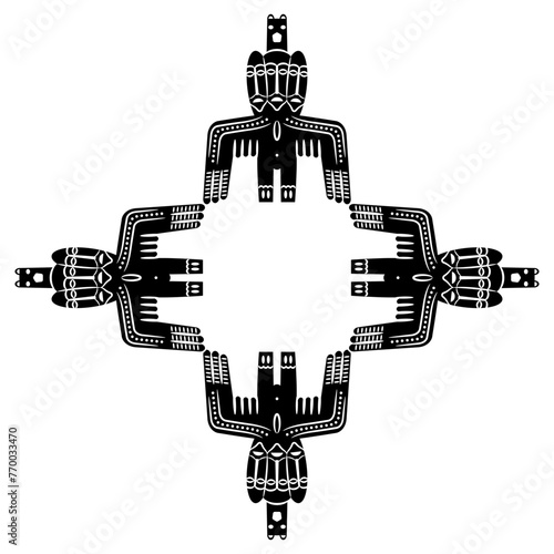 Square cross shape design or frame with ethnic motifs. Tribal ancient Siberian totem idol. Permian animal style. Winged shaman deity with three faces. Black and white silhouette.