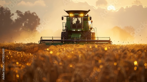Combine harvester working in wheat field at sunset. Agricultural machinery and farming concept