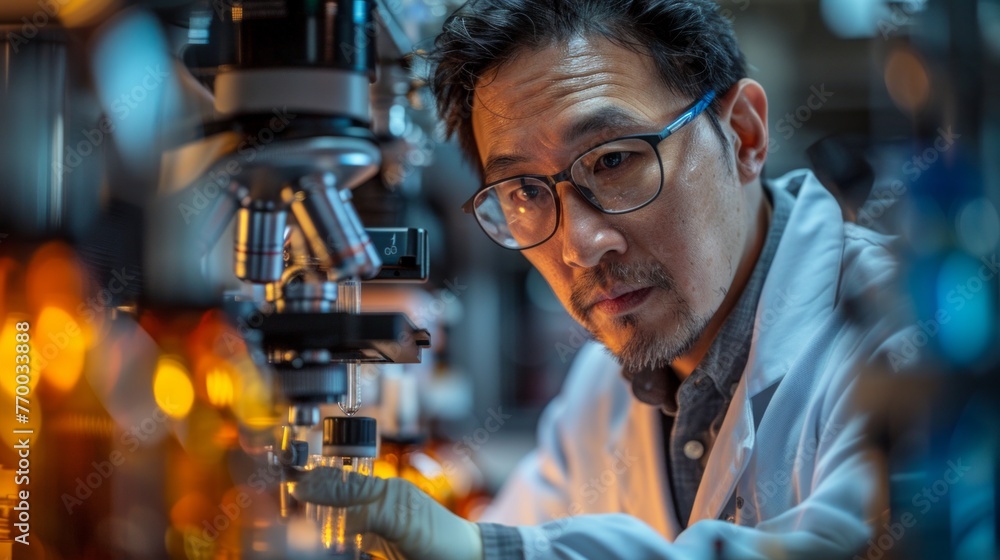 Taiwanese scientist in a lab coat looking at a microscope for a sample analysis Taiwanese scientist in a lab coat looking at a microscope for a sample analysis