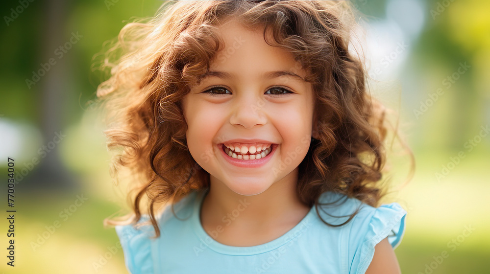 Happy beautiful cheerful child girl outdoors in spring or summer with blooming flowers in park. curly kid smiling nd looking at camera Happy beautiful cheerful child girl outdoors in spring or summer with blooming flowers in park. curly kid smiling nd looking at camera