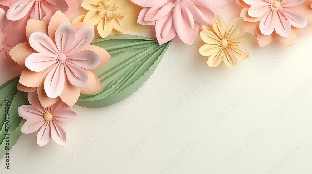 3d flowers on light background. Spring time and summer blossom. Happy spring concept or banner with place for text.