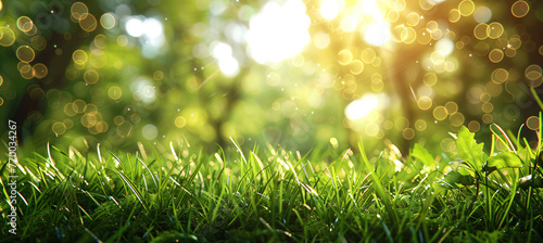 Beautiful meadow field with fresh grass on blurred background with sunbeams and lights. Pasture grass. Pastoral scenery. Agricultural rural landscape in the summer or spring time