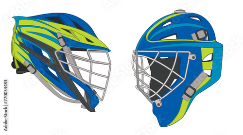 lacrosse, helmets for both male and female goalie and male player in profile view isolated on white background