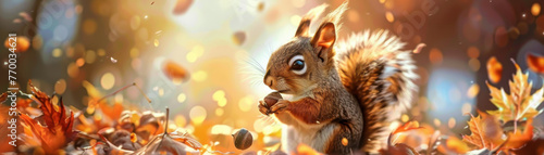 Squirrel Enjoying Acorn in Autumn Foliage