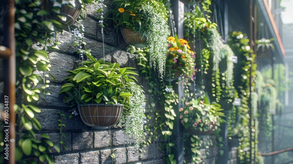 Various hanging potted plants on a brick wall with cascading foliage. Urban gardening and green living concept