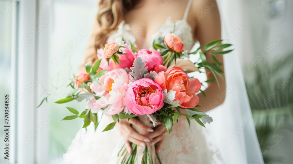 Bride with a vibrant bouquet of pink peonies and roses. Close-up bridal bouquet photography with a focus on the flowers.