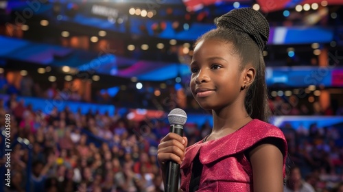Woman Speaking at Microphone