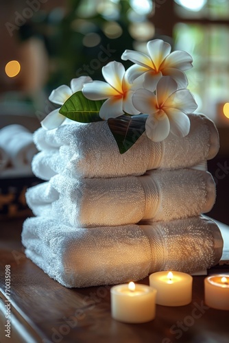 Stack of White Towels on Wooden Table
