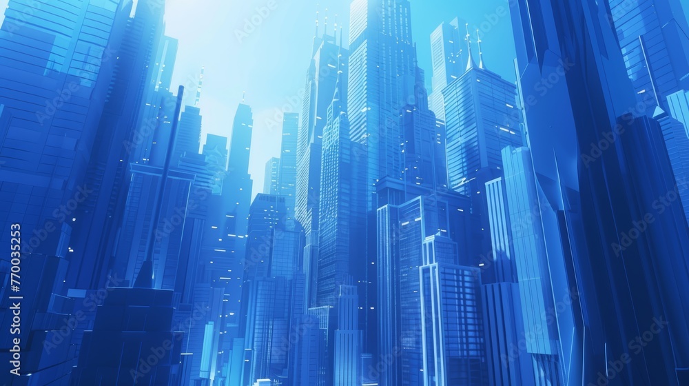 Digital blue cityscape with dynamic light trails. Concept art for cyber technology and smart urban infrastructure.