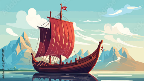 Cartoon viking ship flat cartoon vactor illustration