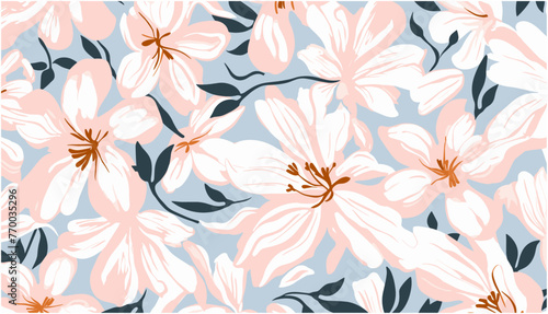 抽象的な手描きの花アートのシームレスなパターン。ヴィンテージアートスタイルのアクリルペイント自然花の背景。春の季節の絵画プリント。
