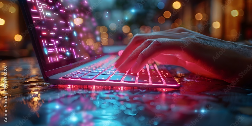 Keyboard In Cybersecurity Cybersecurity expert working on backlit keyboard in dark room with ...