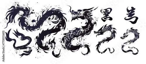 インク中国のドラゴン ベクトル ブラシ ストローク セット日本の水彩部族タトゥー東洋書道キット。抽象的なヘビのシルエットの汚れ、ヴィンテージの干支の伝統的な絵画コレクション。インクドラゴン