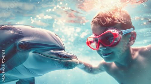 Boy in goggles enjoys underwater encounter with dolphin. Generative AI image photo