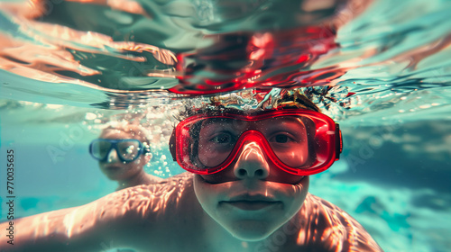 Underwater view of child swimming with goggles. Generative AI image photo