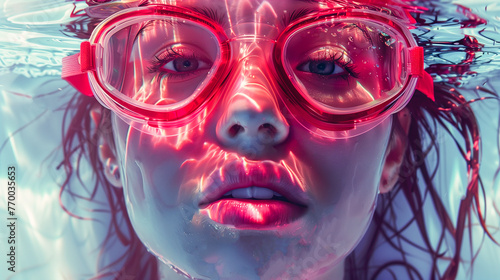 Close-up of woman's face with pink goggles in water. Generative AI image photo
