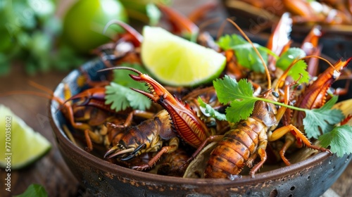 A close-up plate of seasoned crawfish with fresh lime and cilantro, ready for a savory feast © laperuz