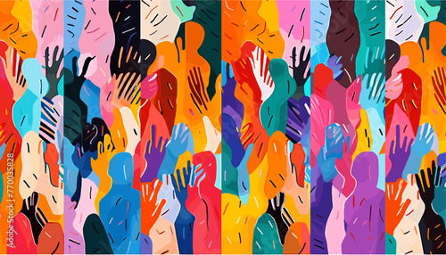 カラフルな多様な人々が抽象アートのシームレスなパターンセットを群がります。多民族コミュニティ、大きな文化的多様性グループの背景イラスト集を現代のコラージュ絵画スタイルで表現しました。