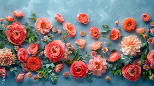 Arrangement of Flowers on Blue Surface
