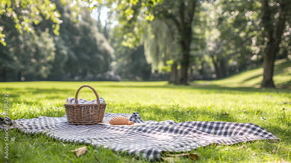 Summer rest on picnic in the park. There is blanket and basket of food on the grass. Summer rest on picnic in the park. There is blanket and basket of food on the grass.