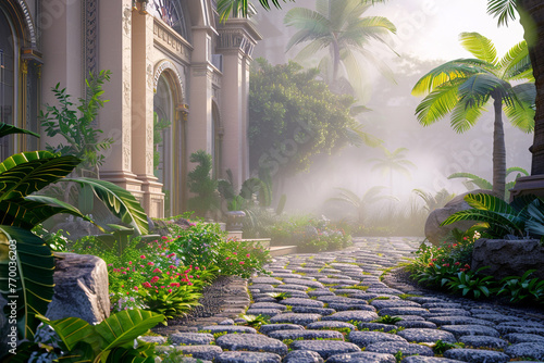 An opulent custom mansion features a detailed stone pathway through a lush front garden in early morning fog. © M Arif