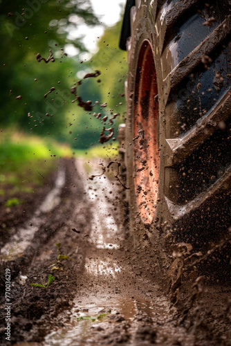 Tractor tyre ploughing through muddy farmland. Generative AI image photo