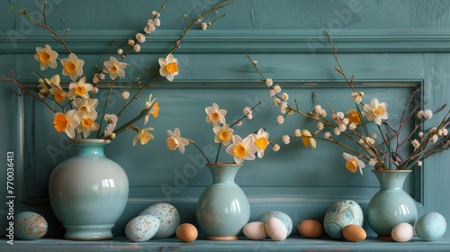 Three Vases With Flowers and Eggs on Shelf