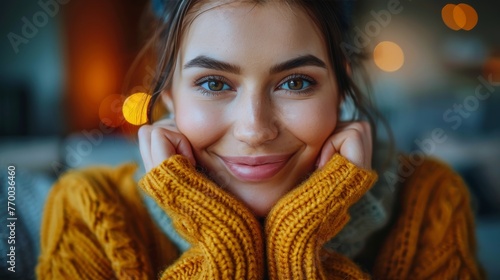 Woman With Blue Eyes in Yellow Sweater