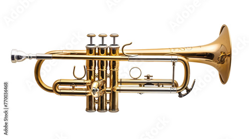 A shiny brass trumpet standing boldly against a plain white background