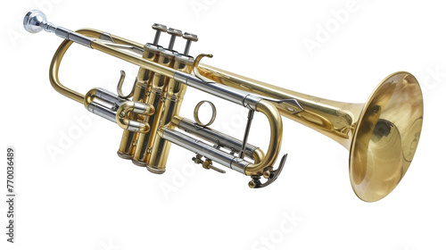 A shiny brass trumpet resting on a pristine white background