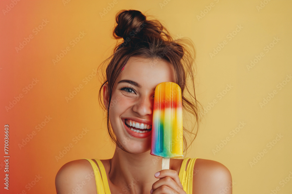 Young woman smiling with LGBT colorful popsicle. Generative AI image Young woman smiling with LGBT colorful popsicle. Generative AI image