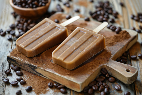 Coffee-flavored chocolate popsicles on wooden background. Generative AI image photo