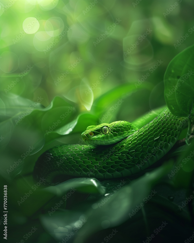 Obraz premium Green snake in rain forest, Thailand. Copy space