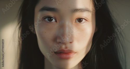 A woman with long black hair and a close up of her face. Generative AI. © serg3d