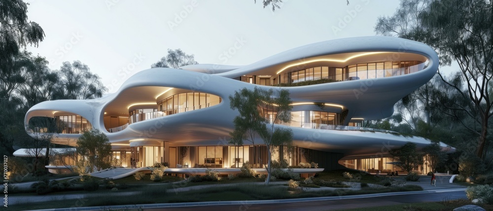 A modern house with curved walls and a lot of windows. Generative AI. A modern house with curved walls and a lot of windows. Generative AI.