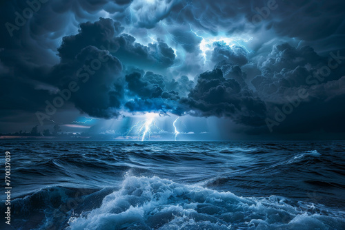A stormy ocean with a dark sky and lightning bolts