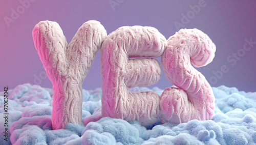 Word yes isolated on purple background. Closeup okay sign illustration. Puffy plush designed letters. Positive answer. Stylish yes message text. Agreement word. Banner