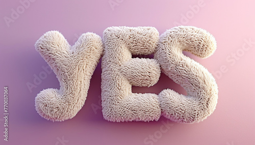 Word yes isolated on purple background. Closeup okay sign illustration. Puffy plush designed letters mockup. Positive answer. Stylish yes message text. Agreement flat lay word. Banner