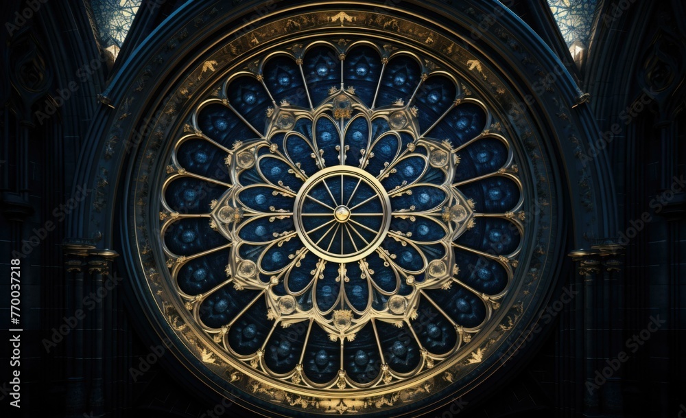 Obraz premium A large circular window in a dark room with gold and blue designs. Generative AI.