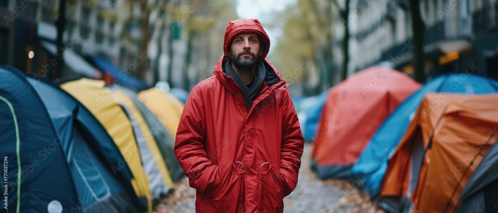 A man in a red coat standing next to tents on the street. Generative AI.