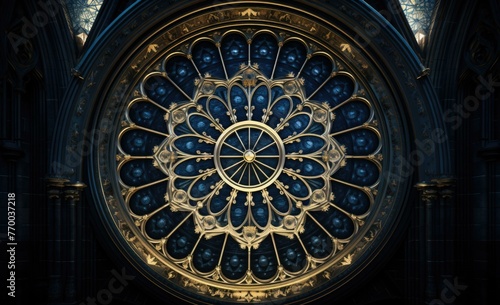 A large circular window in a dark room with gold and blue designs. Generative AI.