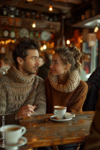 A man and woman sitting at a table with coffee cups. Generative AI.