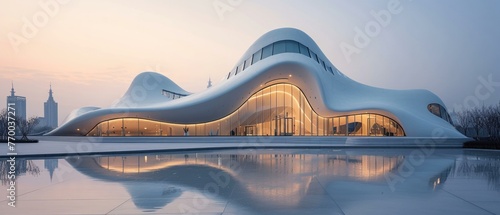 A modern building with curved shapes and a large pool. Generative AI.