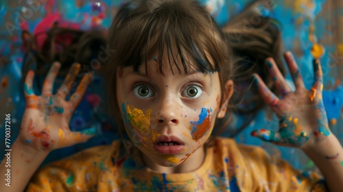 A young girl with hands covered in paint and a smile. Generative AI.
