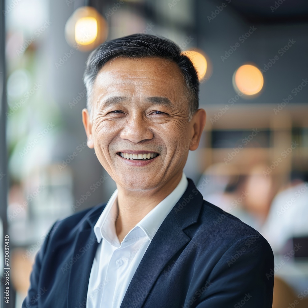 Smiling Asian businessman 50-60 years old, active business man against the background of his office Smiling Asian businessman 50-60 years old, active business man against the background of his office