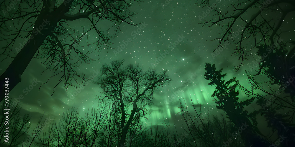 forest in the fog and Northern lights behind trees and brush.