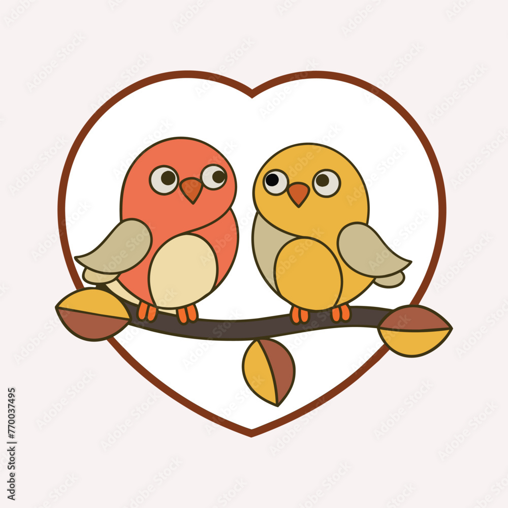 Obraz premium An vector outline of two birds perched on a tree branch, with a heart outline framing them, symbolizing love and companionship