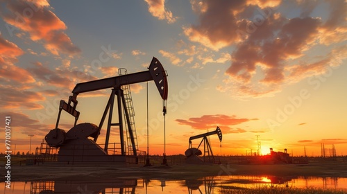 A captivating silhouette of pumping stations and an oil well pumping beam emerges against the backdrop of the vibrant, setting sun.