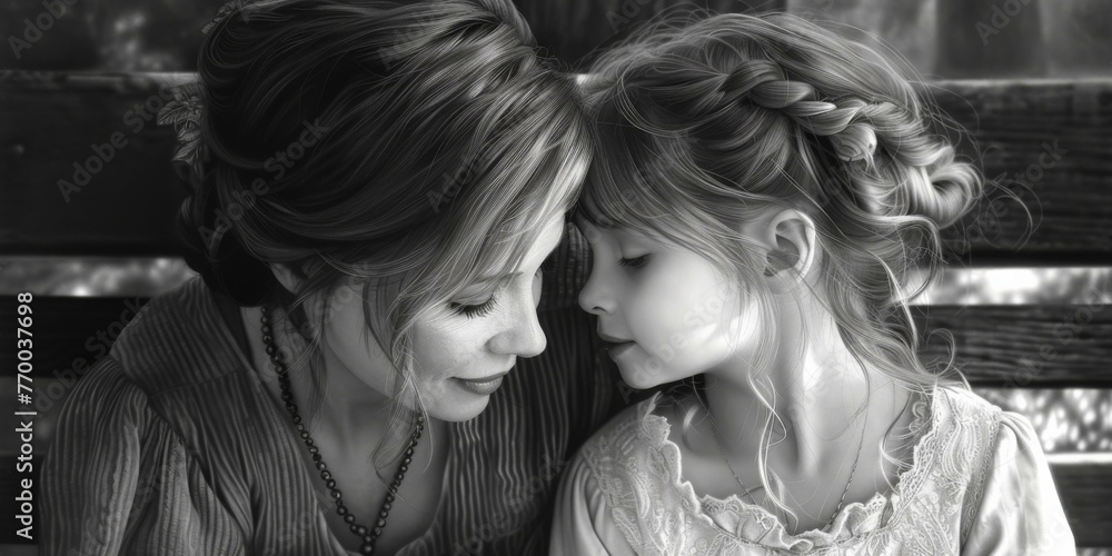 A black and white photo of a mother and daughter. Generative AI. A black and white photo of a mother and daughter. Generative AI.